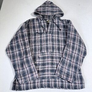Vintage Earth Ragz Baja Hoodie Mens Large Gray Pink Plaid Woven Pullover